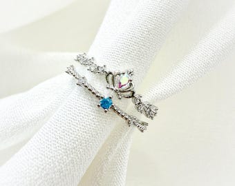 Silver Crown Ring,Dainty Princess Ring,Queen Double Band Ring,Birthday Gift for her,Elegant Adjustable Open Ring,Blue Stone Crystal Ring