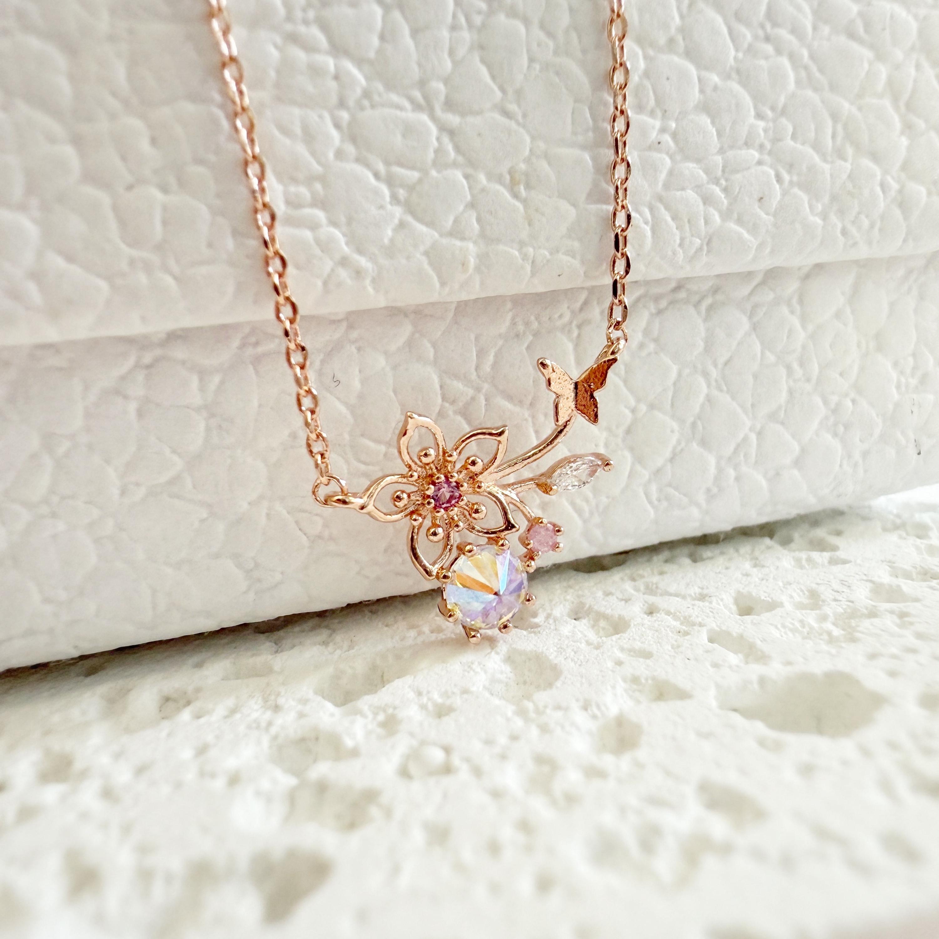 SAKURA Cherry Blossom Flower Pendant Necklace,adjustable Dainty