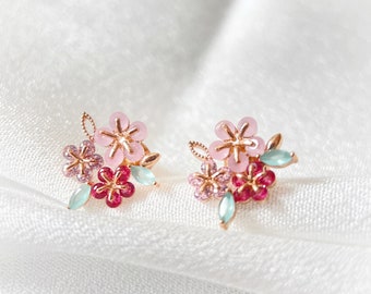 Floral clusters earring studs Triple flowers bouquet stud earrings Multicolour cherry blossom ear jewelry Sakura sparkle dainty accessories