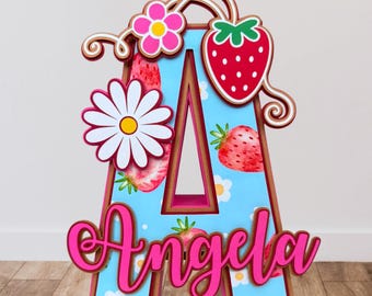 Custom 3D Letter A Name Display | Strawberry & Daisy Desk Decor | Personalized Layered Cardstock Initial