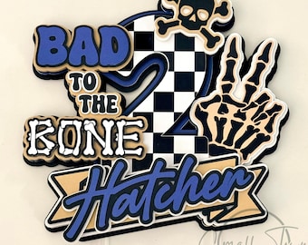 Personalized Bad to the Bone Cake Topper | Checker Skeleton Party Decor Centerpiece for 2nd Birthday