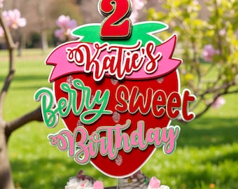 Personalized Strawberry Birthday Cake Topper | Berry Sweet Strawberry Theme Party Decor | Custom Name & Age