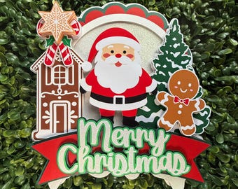 Merry Christmas Cake Topper | Santa Gingerbread House Glitter Centerpiece I Christmas Decoration