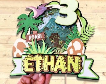 Personalized Dinosaur Birthday Cake Topper | Custom 3D Dino Party Decoration & Centerpiece | Green or Pink