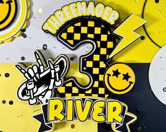Personalized Threenager Cake Topper | Rockstar 3rd Birthday Party Centerpiece | Custom Name & Age