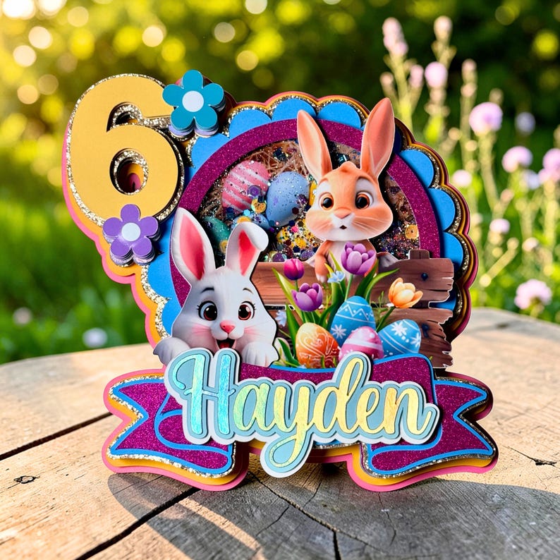 May include: A colorful Easter-themed cake topper featuring two cartoon bunnies, Easter eggs, and the name "Hayden". The number "6" is prominently displayed. The design includes flowers and a wooden fence.