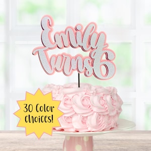White Glitter Birthday Cake Topper - Personalized with Custom Name & Age - 30 Color Choices