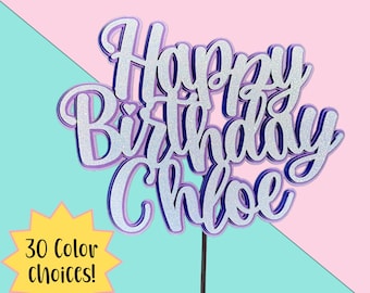 Personalized Happy Birthday Cake Topper | White Glitter Party Decoration & Centerpiece