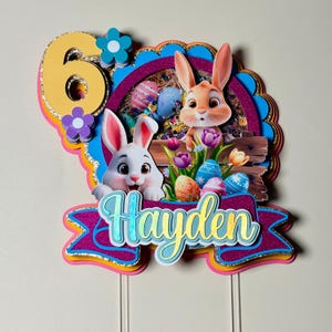 May include: A colorful Easter-themed cake topper featuring two cartoon bunnies, Easter eggs, and flowers. The topper includes the number "6" and the name "Hayden" in a banner. The design incorporates shades of pink, blue, yellow, and purple.