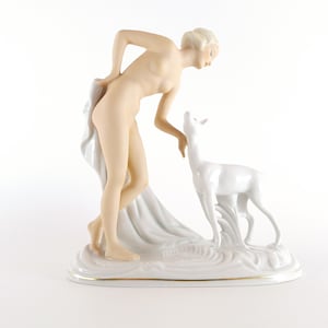 Woman with Fawn Porcelain Figurine – Art Deco Style – Schaubach Kunst, Germany – 1950s