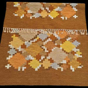 Large Handwoven Mid Century Modern Röllakan Wool Rug, Signed – Ingegerd Silow, Sweden – Scandinavian Vintage Rug – 1950s