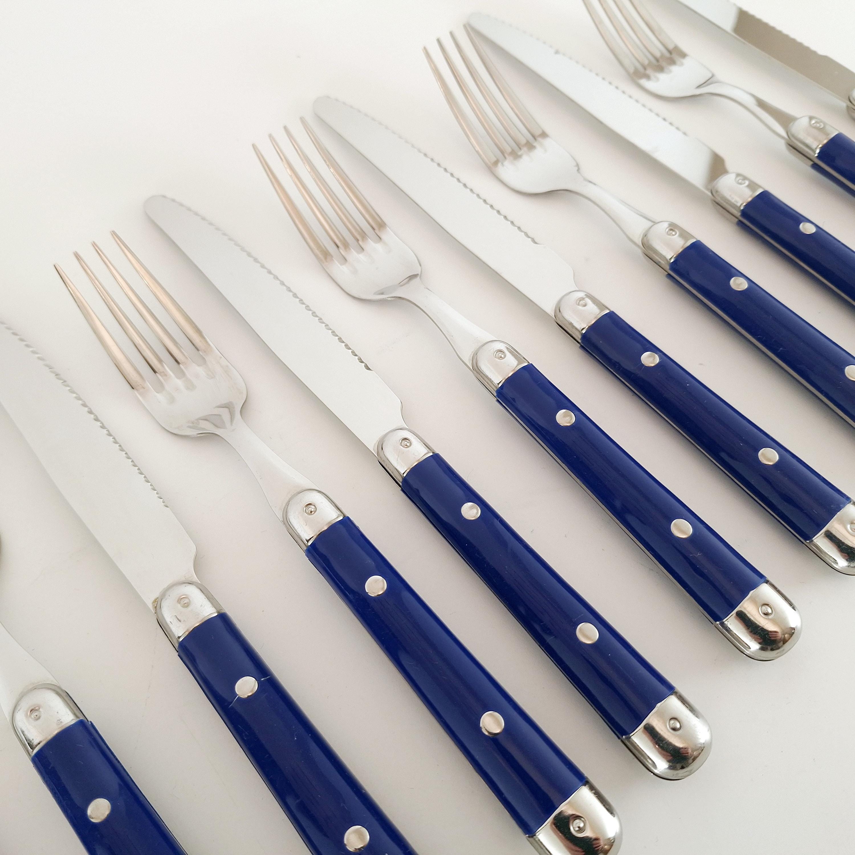 Guy Degrenne, Inox, France – French Bistro Cutlery with Blue Handles, Knives and Forks, 24 pcs