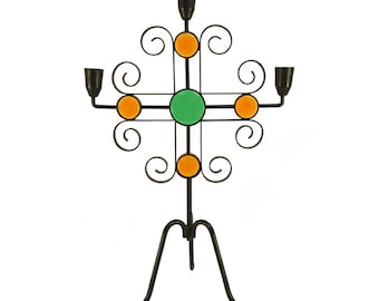 Mid-Century Modern Three-Armed Metal Candelabra with Glass Details – Gunnar Ander, Ystad Metall – Scandinavian Vintage Decor – 1950s / 1960s