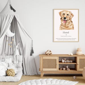 Cartel de animales "Perro" | Decoración de habitaciones infantiles | Descarga digital | Póster de aprendizaje de animales | Impresión A5 A4 | Arte mural para habitaciones infantiles