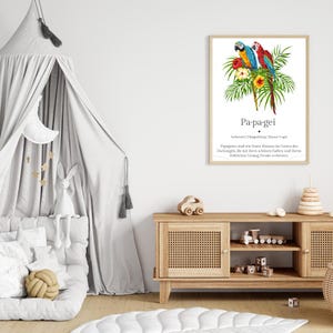 Cartel de animales "Loro" | Decoración de habitaciones infantiles | Descarga digital | Póster de aprendizaje de animales | Impresión A5 A4 | Arte mural para habitaciones infantiles