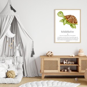 Cartel de animales "Tortuga" | Decoración de habitaciones infantiles | Descarga digital | Póster de aprendizaje de animales | Impresión A5 A4 | Arte mural para habitaciones infantiles
