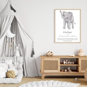 Cartel de animales "Elefante" | Decoración de habitaciones infantiles | Descarga digital | Póster de aprendizaje de animales | Impresión A5 A4 | Arte mural para habitaciones infantiles