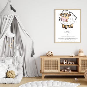 Cartel de animales "Oveja" | Decoración de habitaciones infantiles | Descarga digital | Póster de aprendizaje de animales | Impresión A5 A4 | Arte mural para habitaciones infantiles