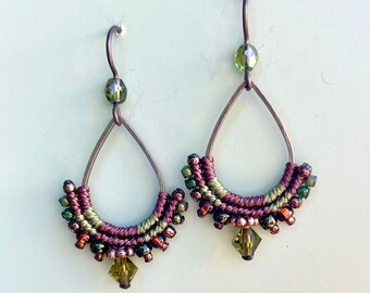 Dark Brown Green Teardrop Hoop Earrings, Earth Tone Macrame Earrings