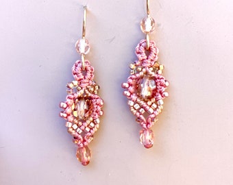 Rose Gold Beaded Earrings, Pink Macrame Earrings