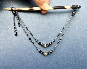 Black Gunmetal Beaded Quill Hairstick, African Porcupine Quill Hair Stick, Glass Beads