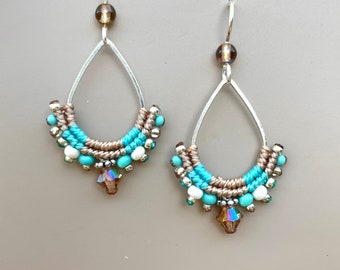 Aqua Beige Cream Teardrop Hoop Earrings, Macrame Earrings