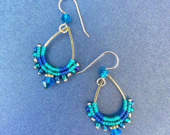 Blue Teal Gold Teardrop Hoop Earrings,  Peacock Colors, Macrame Earrings