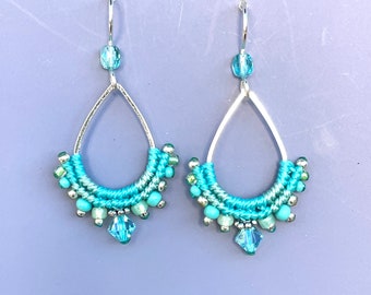 Aqua Blue Green Hoop Earrings, Beaded Teardrop Blue Green Macrame Earrings