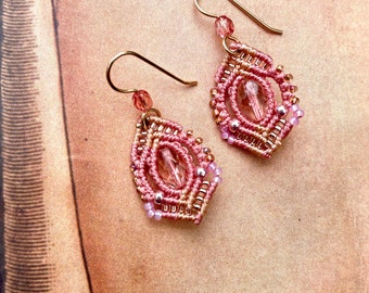 Macrame Peach Rose Earrings, Pink Bead Earrings