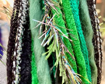 Black, Green and Silver Yarn Falls, Fairy Hair, Dread Falls, Hair Decoration, Clip in Hair, Hair Extensions, Yarn Hair