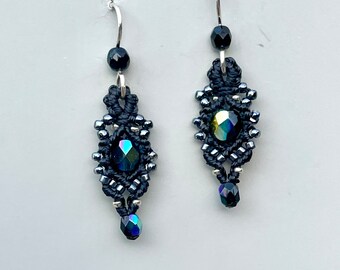 Small Black Macrame Earrings, beaded macrame earrings