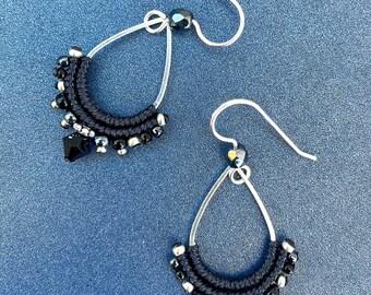 Black Teardrop Hoop Earrings, Black and Silver Macrame Earrings