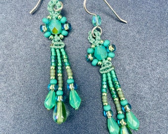 Aqua Green Seafoam Earrings, Beaded Fringe Earrings, Pale Green Earrings