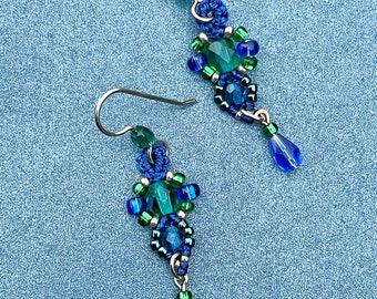 Blue Green Bead Earrings, Macrame Earrings, Peacock Blue Earrings