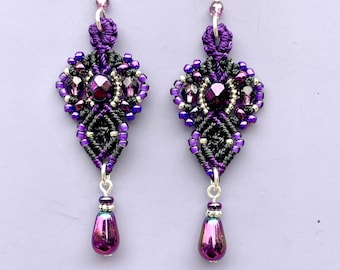 Purple Macrame Earrings, Purple and Black Bead Earrings, Purple Macrame Earrings