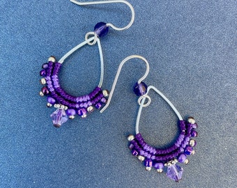 Purple Beaded Macrame Hoop Earrings, Purple Macrame Teardrop Hoop Earrings