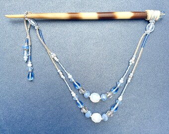 Pale Blue African Porcupine Quill Hair Stick, Glass Beads, Light Blue WhiteTones