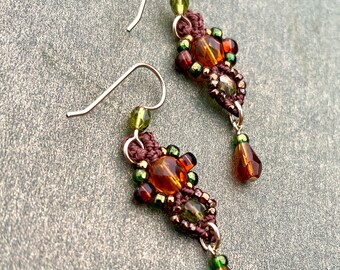 Small Earth tone Bead Earrings, Macrame Earrings, Brown Amber Earrings