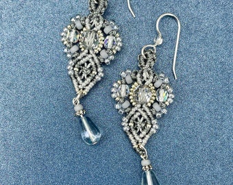 Silvery Gray Macrame Earrings, Grey Beaded Earrings