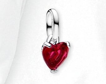 Mini pingente de coração vermelho, pingente delicado de coração, pingente fofo de prata, joias de coração vermelho para mulheres, serve na pulseira Pandora