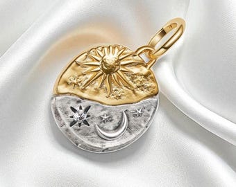Sun and Moon Medallion Charm, Sterling Silver & 14k Gold Plated