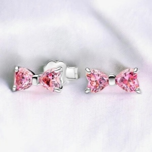 Cute Pink Bow Earrings For Women, Small Stud Earrings Christmas Gift, Handmade Jewellery, Silver Earrings Stud, Jewellery Gift, Gift For Her
