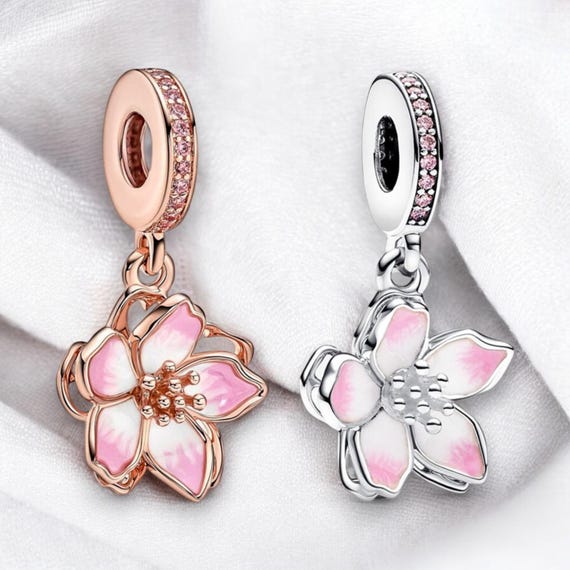 Silver Cherry Blossom Charm, Rose Gold Flower Charm, Pink
