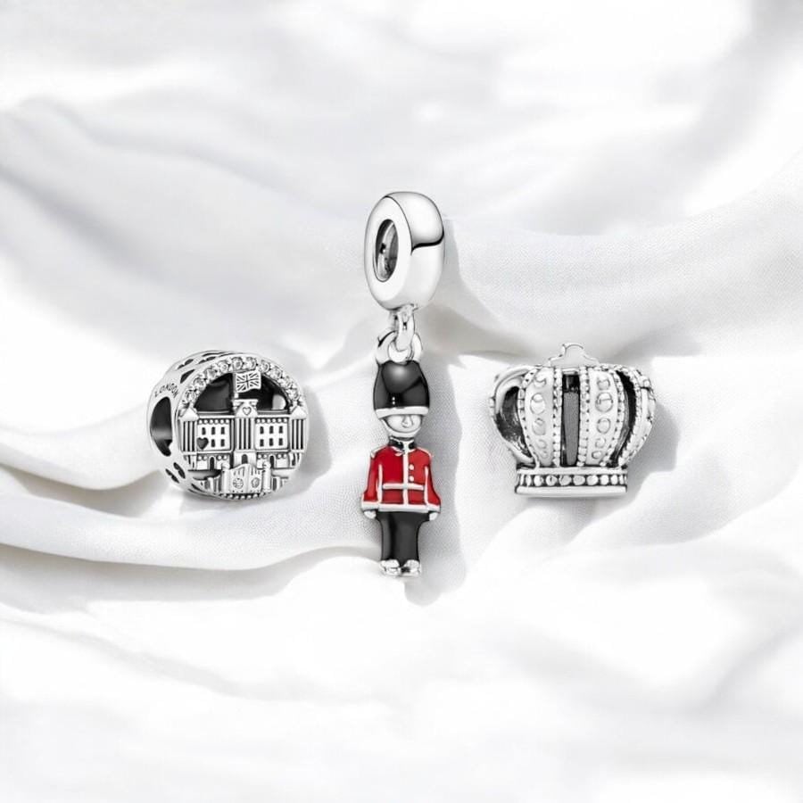 British Charm Set, Sparkling Royal Crown Charm, British Royal Palace & Guard Pendant, Fits Pandora Bracelet, Girlfriend Gift