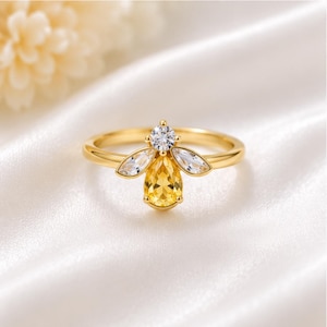 Honey Bee Ring for Women, Gold Bee Ring with Crystal Details, Nature Inspired Jewellery Gift for Her, Gold Stacking Jewellery for Her image 2