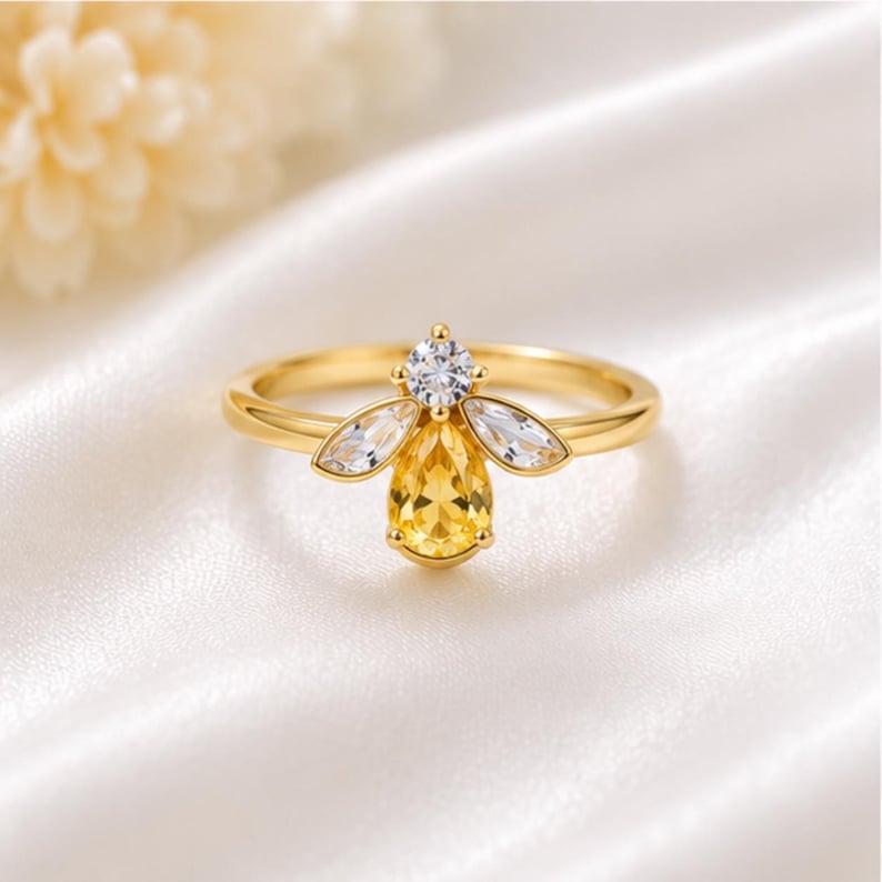 Honey Bee Ring for Women, Gold Bee Ring with Crystal Details, Nature Inspired Jewellery Gift for Her, Gold Stacking Jewellery for Her image 2