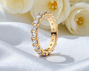 Sparkling Eternity Ring for Her, 14k Gold Plated Crystal Band Ring for Women, Stackable Gold Jewellery Gift for Her, Minimal Row Ring