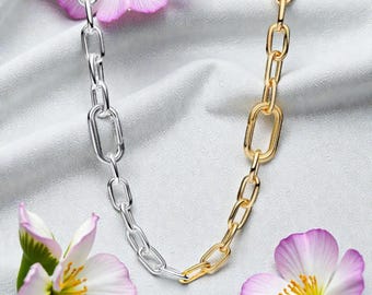 Mixed Metal Chain Necklace for Women, 14K Gold Plated & Sterling Silver Link Chain, Two Tone Jewellery with Carabiner Clasp, Gift for Her