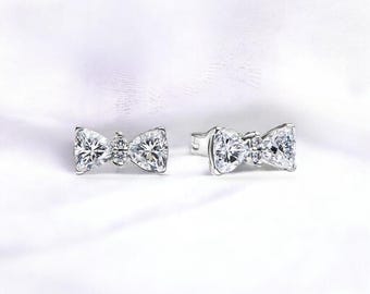Silver Earring Stud For Women, Cute Cubic Zirconia Bow Studs, Tiny Earrings, Sparkling Bow Jewellery, Cute Gift for Her