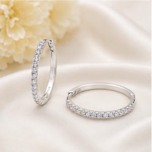 May include: A pair of silver-toned hoop earrings featuring a row of small, clear, round-cut stones set along the front-facing outer edge. One earring stands upright while the other lies flat, both showcasing a polished metallic finish and a hinged clasp.